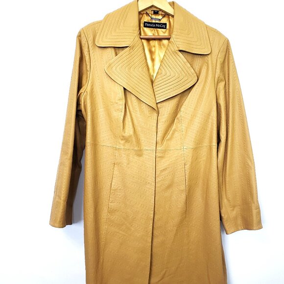 Pamela McCoy 3/4 Length Golden Mustard Color Leather Coat Wide Collar Size 1X - Picture 1 of 9